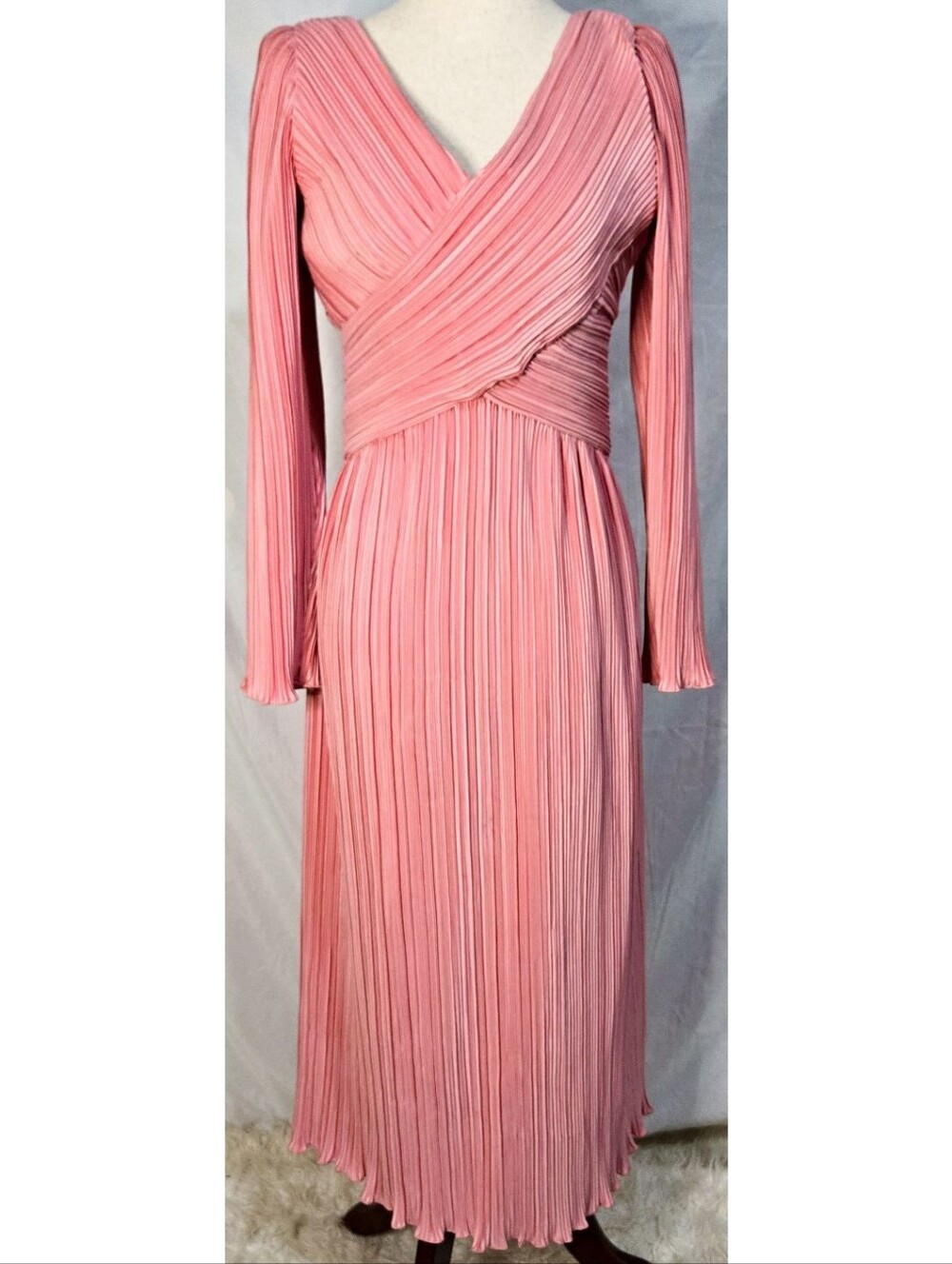 Richilene Vintage Midi Dress Fortuny Pleats Pink V Neck Satin Pleated 80s 90s